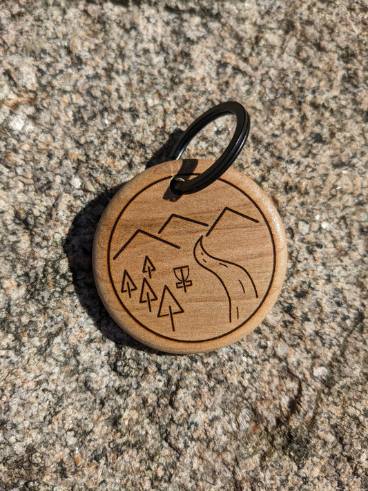 wooden disc golf keychain - mountains